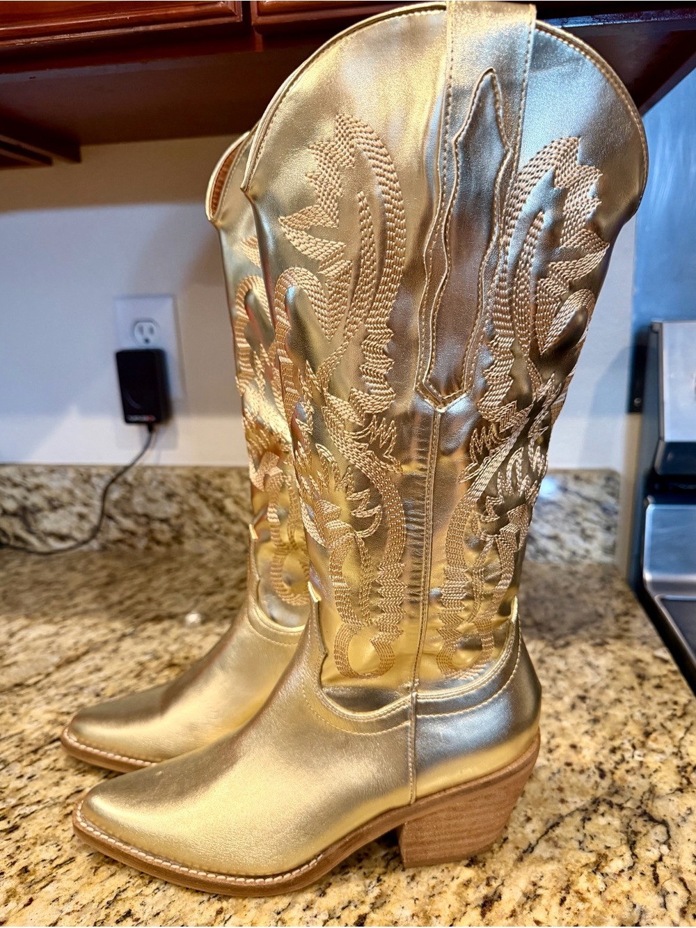 BEAST FASHION Metallic Gold Western Embroidered Heeled Boots